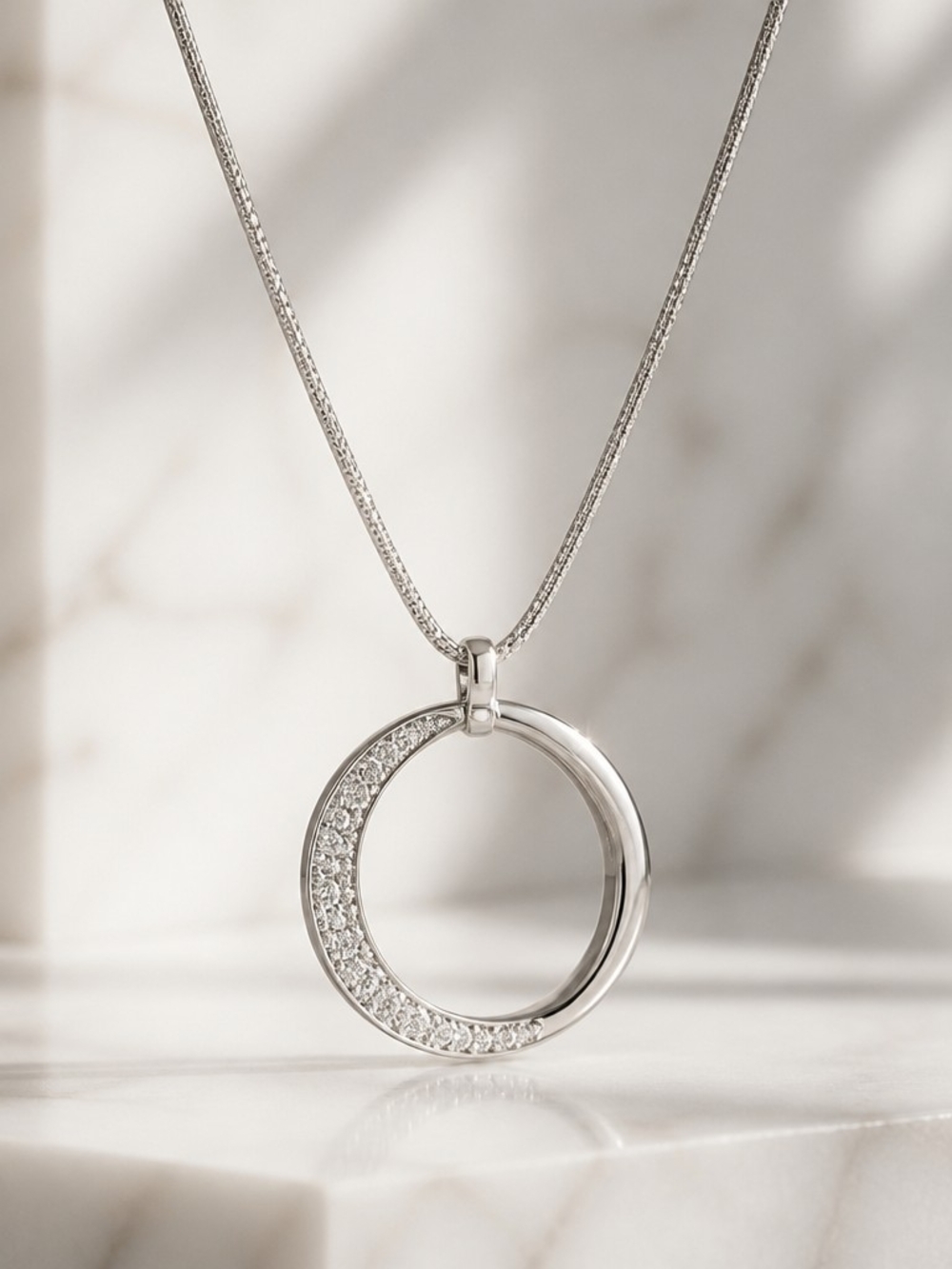 Silver Tone Pave Circle Pendant Necklace - Silver